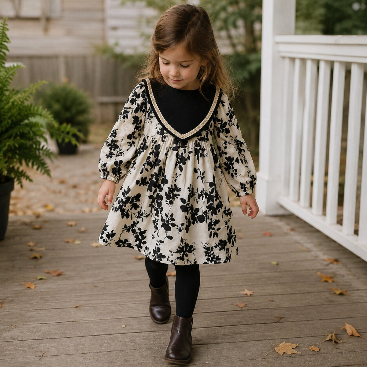 Older girl wearing the black floral dress with black tights on an autumn porch