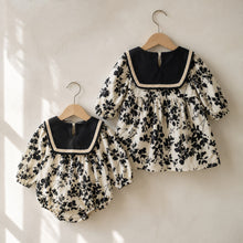 Girls Black Floral Sailor Collar Dress or Baby Romper, Long Sleeve Fall Outfit