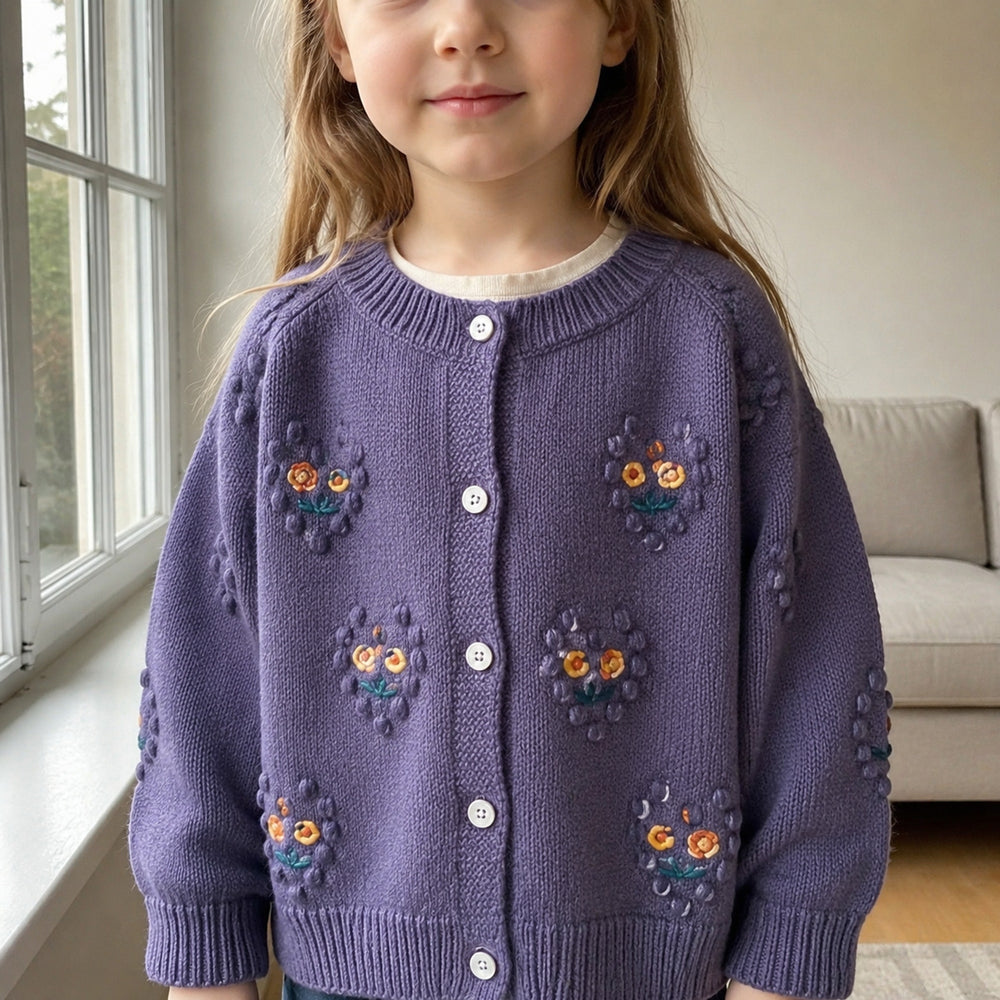 Girls Floral Embroidered Bobble Knit Cardigan, Dusty Purple