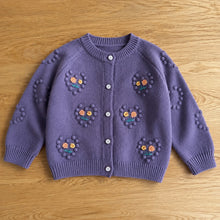 Girls Floral Embroidered Bobble Knit Cardigan, Dusty Purple