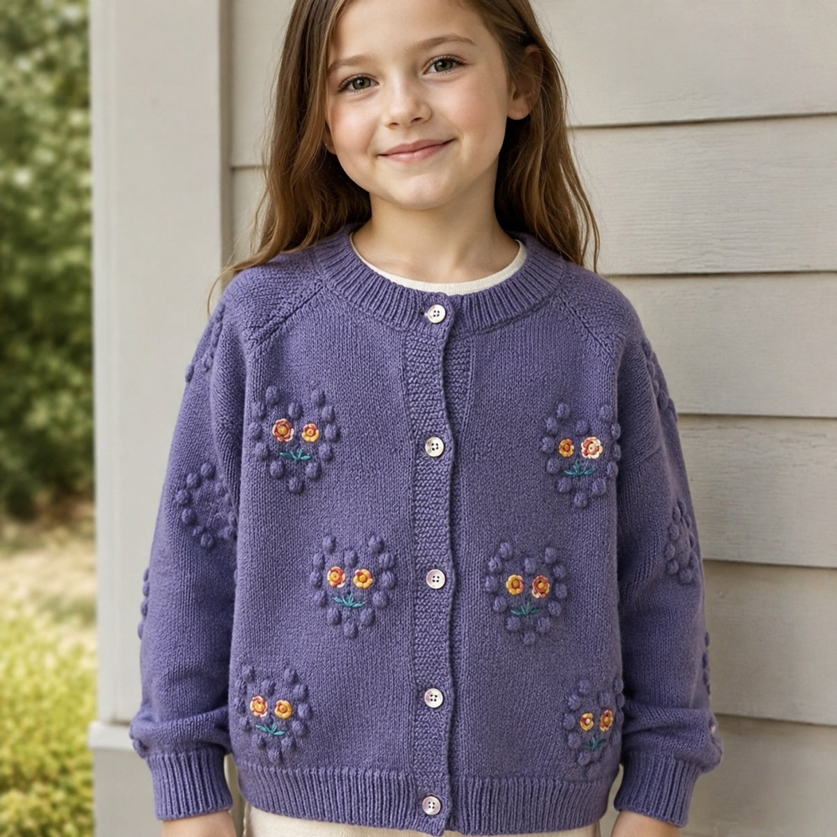 Girls purple floral embroidered cardigan fit on a shaded porch