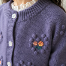 Girls Floral Embroidered Bobble Knit Cardigan, Dusty Purple
