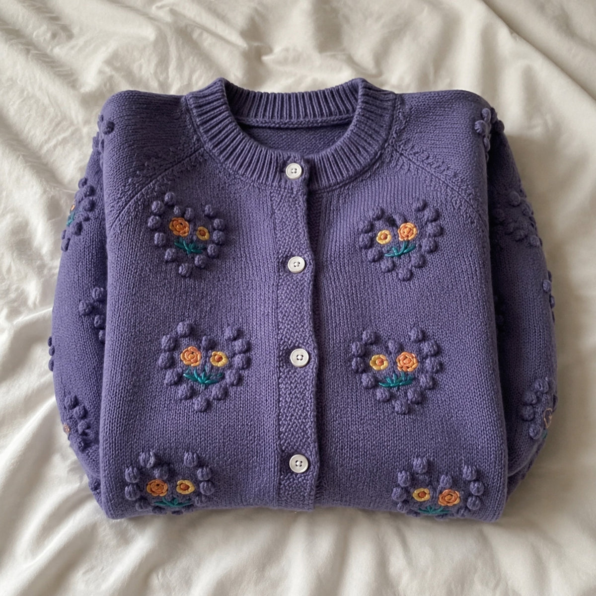 Folded girls purple floral embroidered knit cardigan