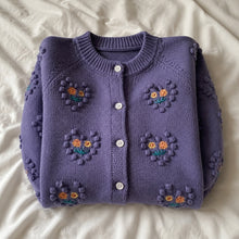 Girls Floral Embroidered Bobble Knit Cardigan, Dusty Purple