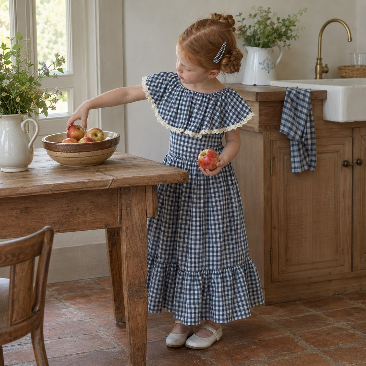 Navy gingham dress at a kitchen table