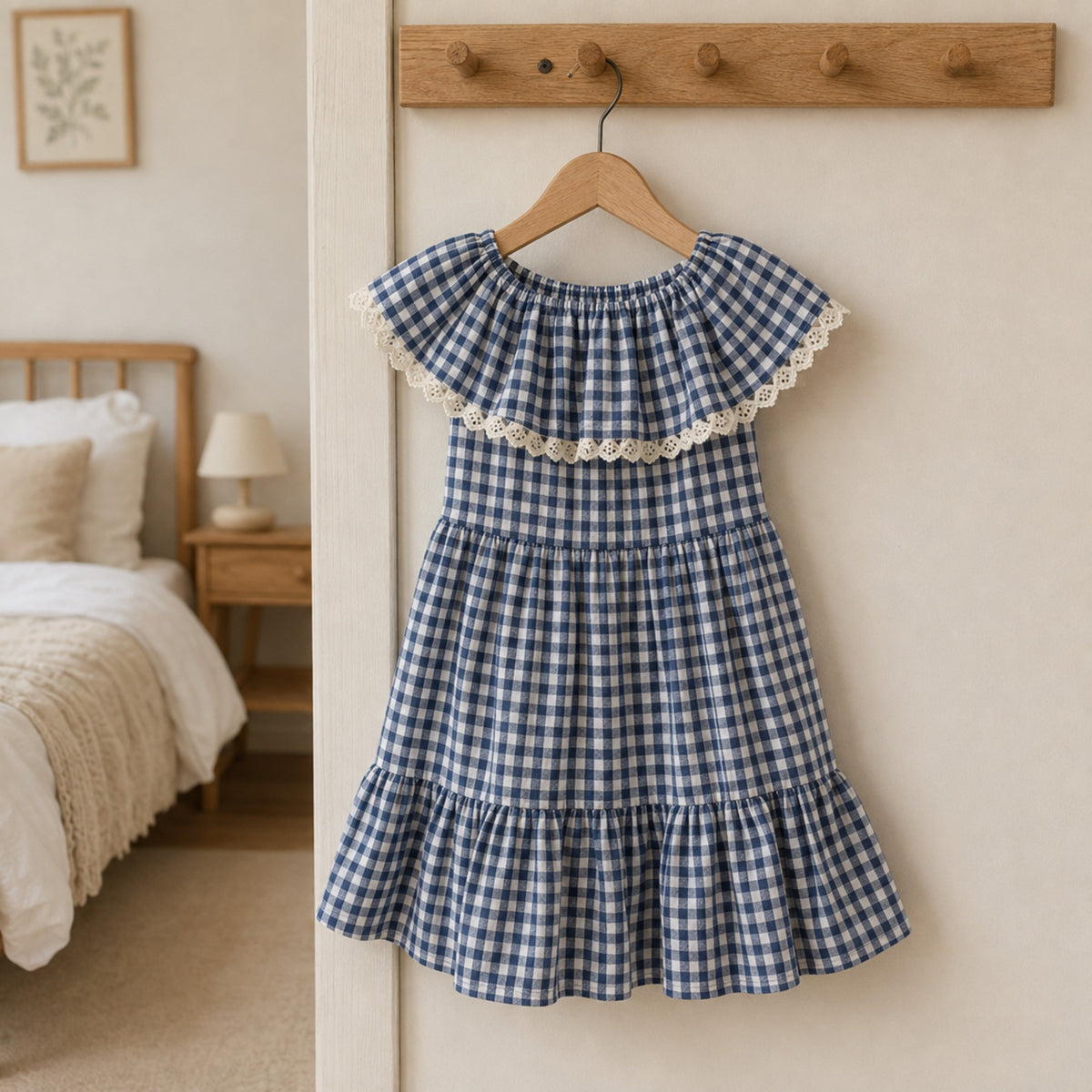 Navy eyelet ruffle dress on a wooden hanger