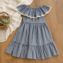 Girls Navy Gingham Cotton Dress, Wide Eyelet Ruffle Collar