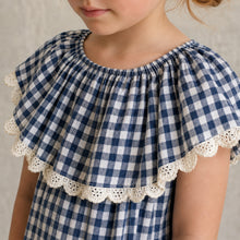 Girls Navy Gingham Cotton Dress, Wide Eyelet Ruffle Collar