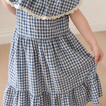 Girls Navy Gingham Cotton Dress, Wide Eyelet Ruffle Collar