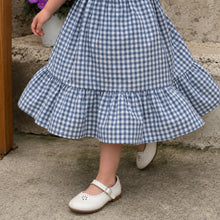 Girls Navy Gingham Cotton Dress, Wide Eyelet Ruffle Collar