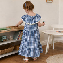 Girls Navy Gingham Cotton Dress, Wide Eyelet Ruffle Collar