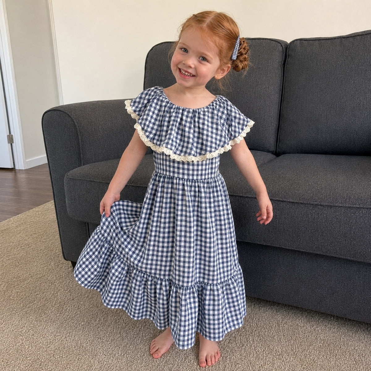 Natural customer photo of navy gingham dress