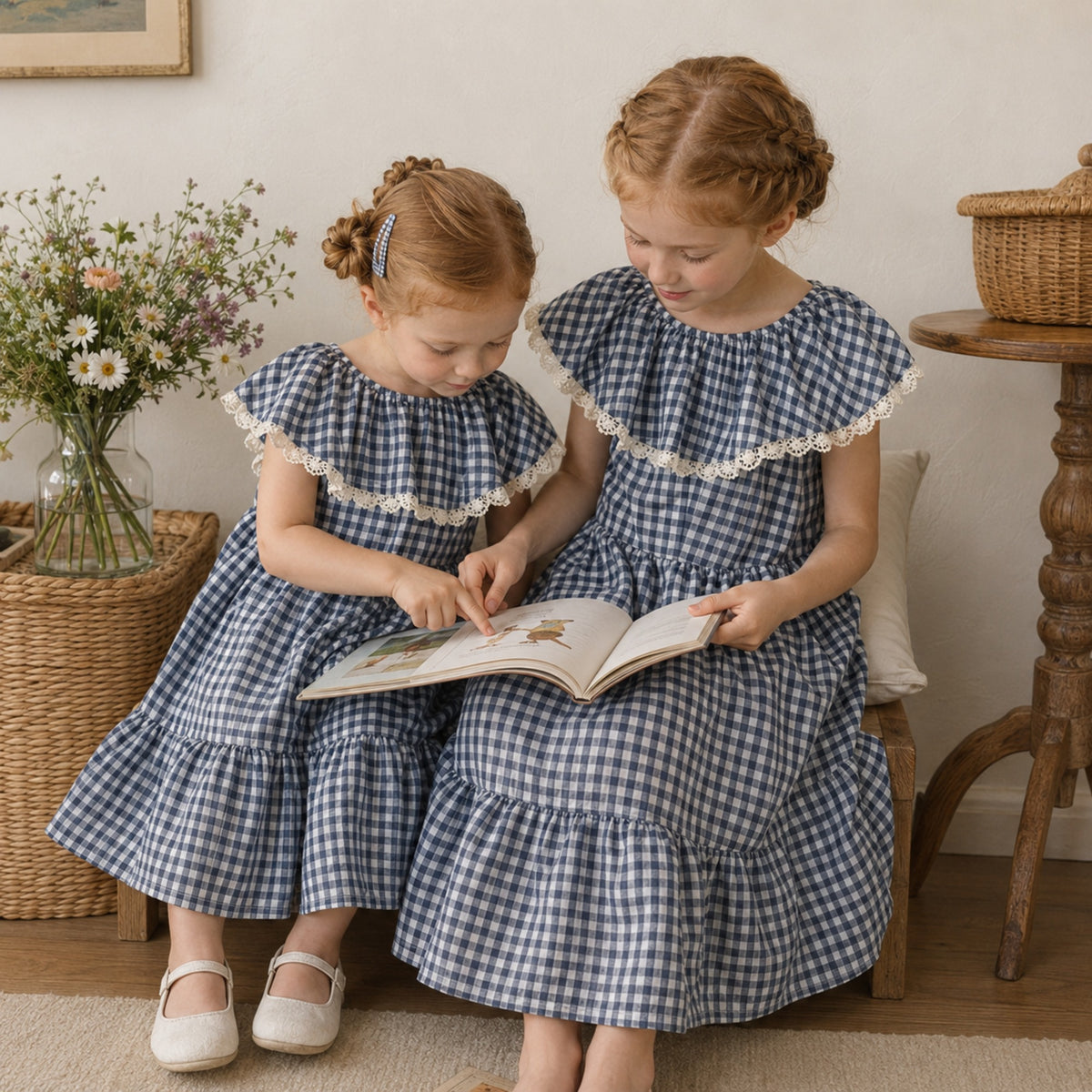 Two girls wearing navy gingham cotton dresses