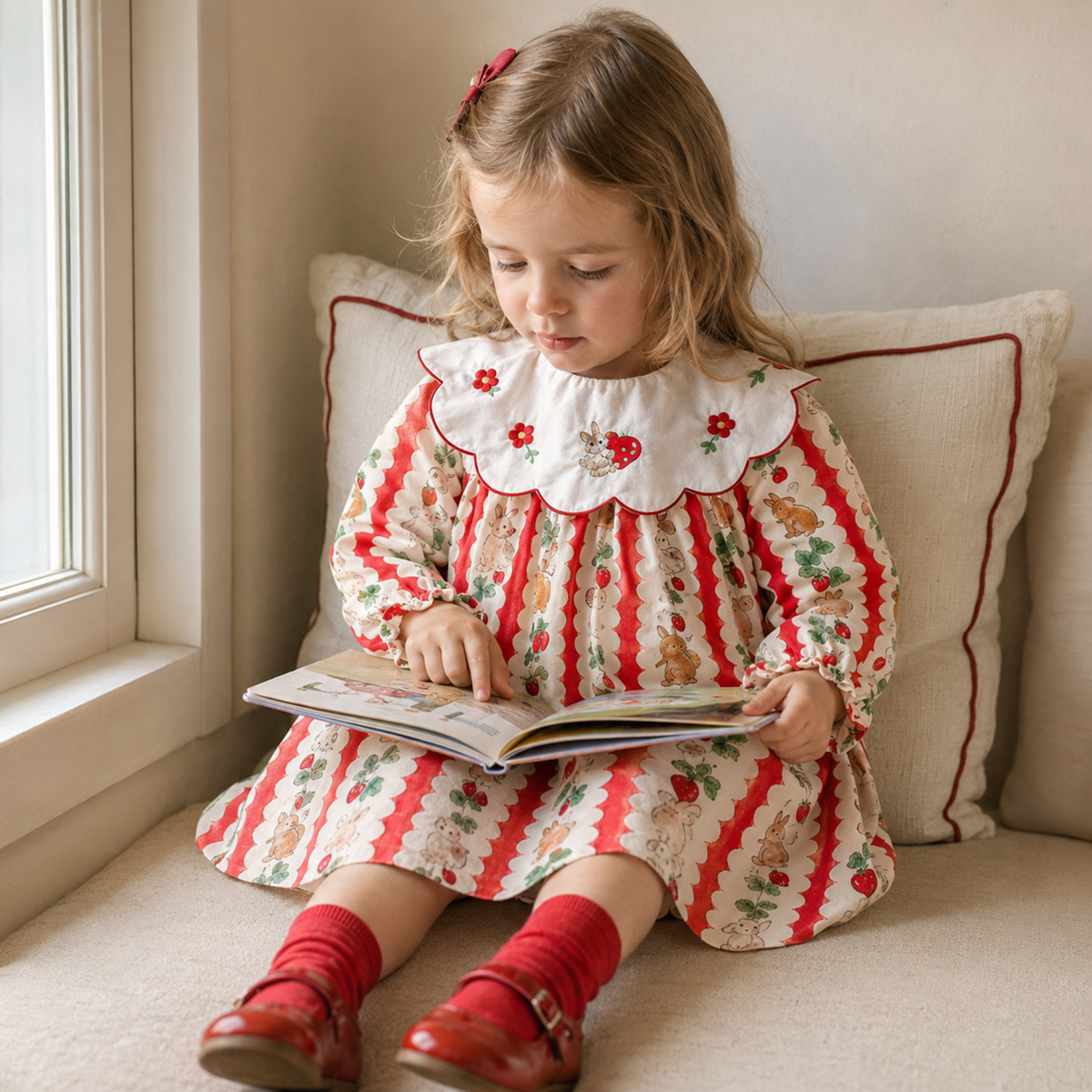 Toddler girl reading in bunny strawberry print dress