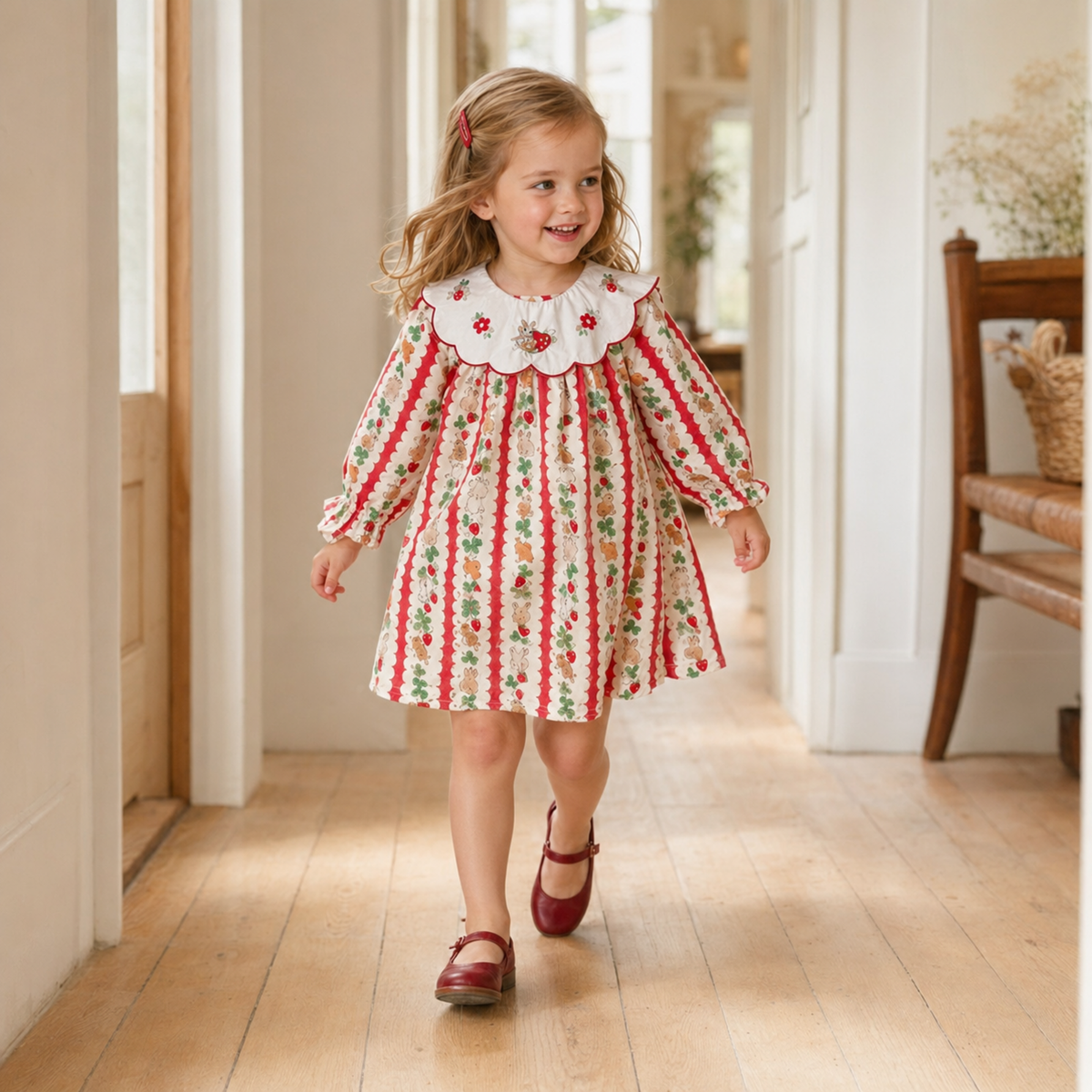 Toddler girl wearing bunny strawberry scalloped collar dress indoors