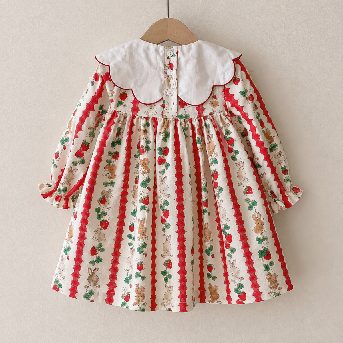 Bunny strawberry girls dress back view and buttons