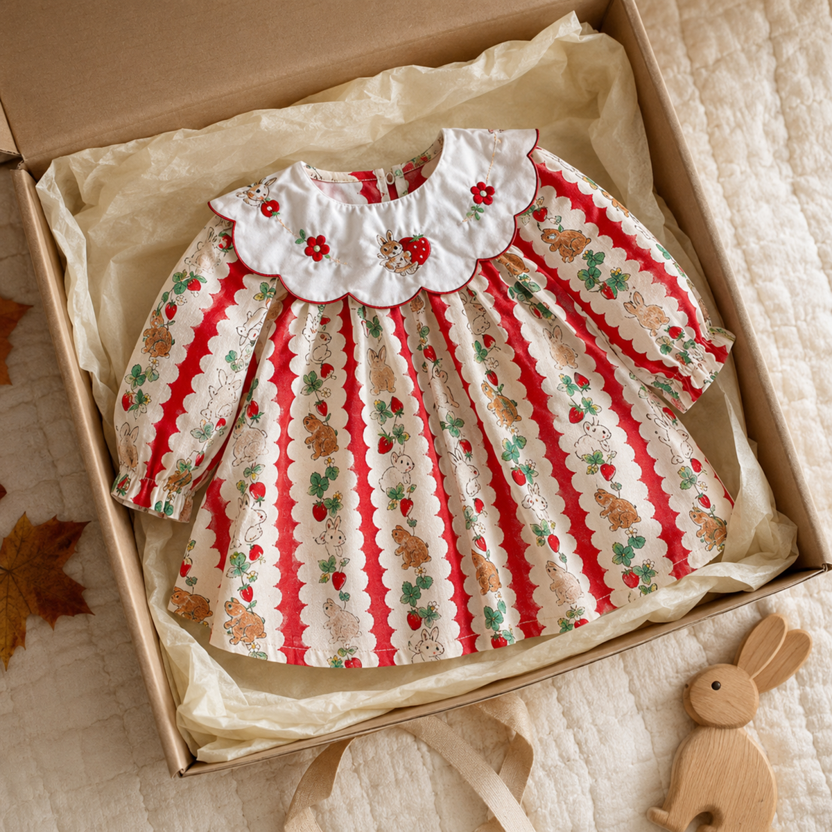 Bunny print toddler dress styled as an autumn gift