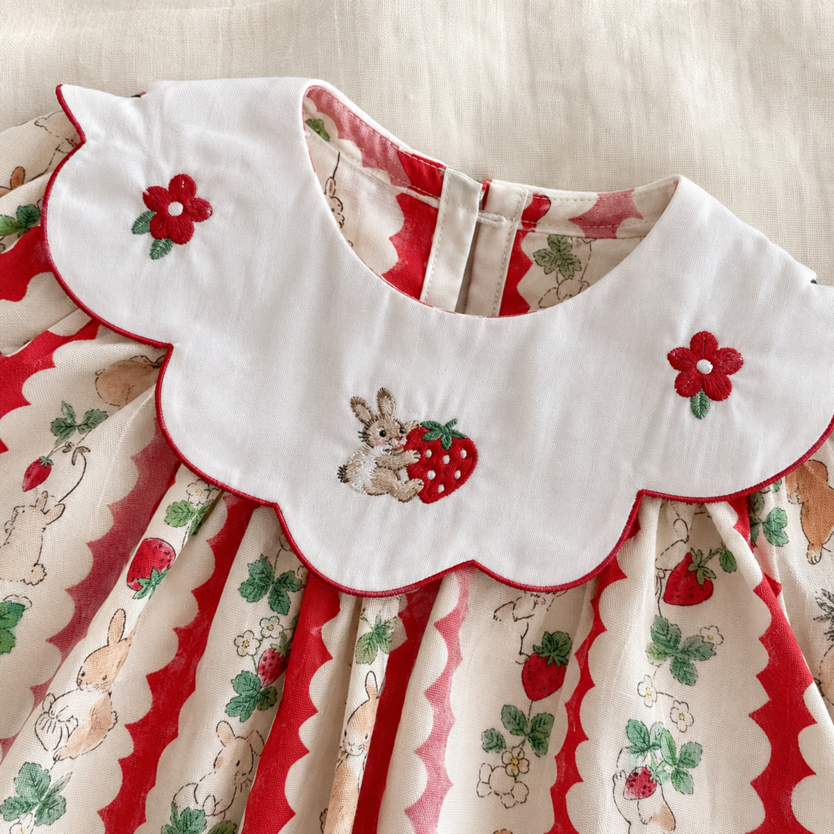Embroidered scalloped collar close-up on bunny dress