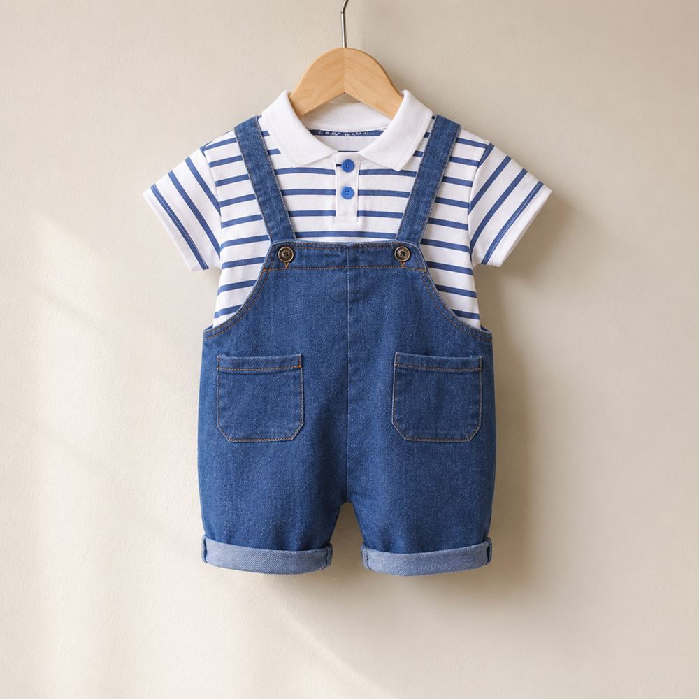 Boys Denim Short Overalls & Striped Polo Set, 2-Piece Summer Outfit