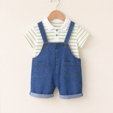 Boys Denim Short Overalls & Striped Polo Set, 2-Piece Summer Outfit