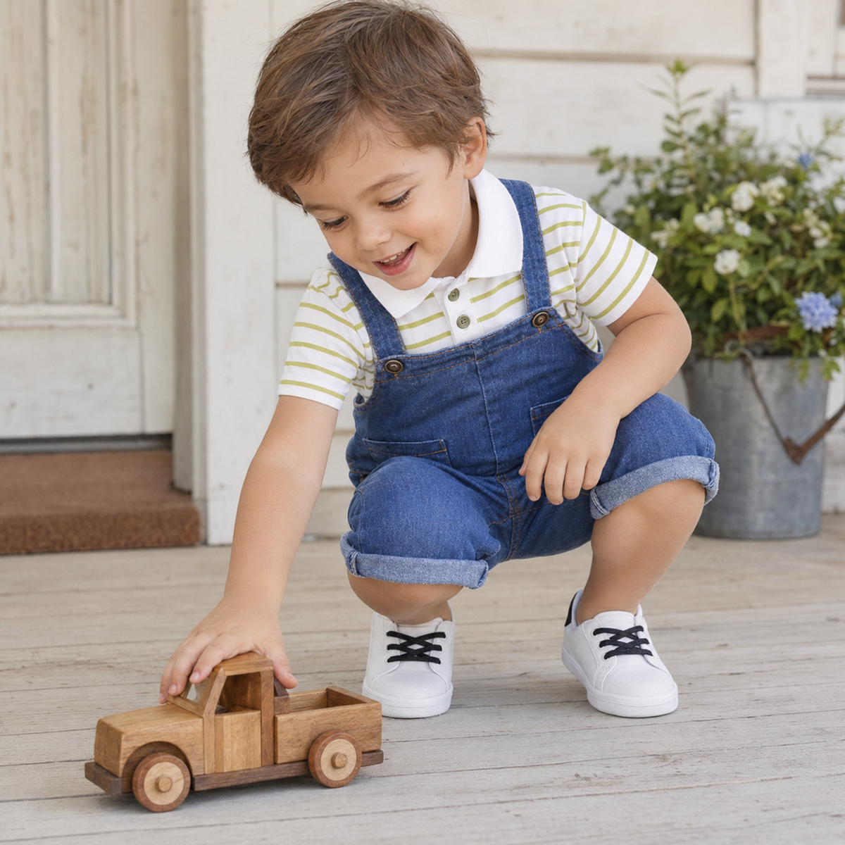 Toddler boy wearing yellow-green striped polo with denim short overalls