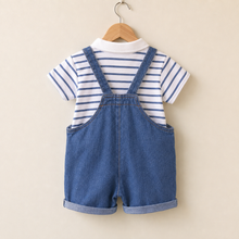 Boys Denim Short Overalls & Striped Polo Set, 2-Piece Summer Outfit