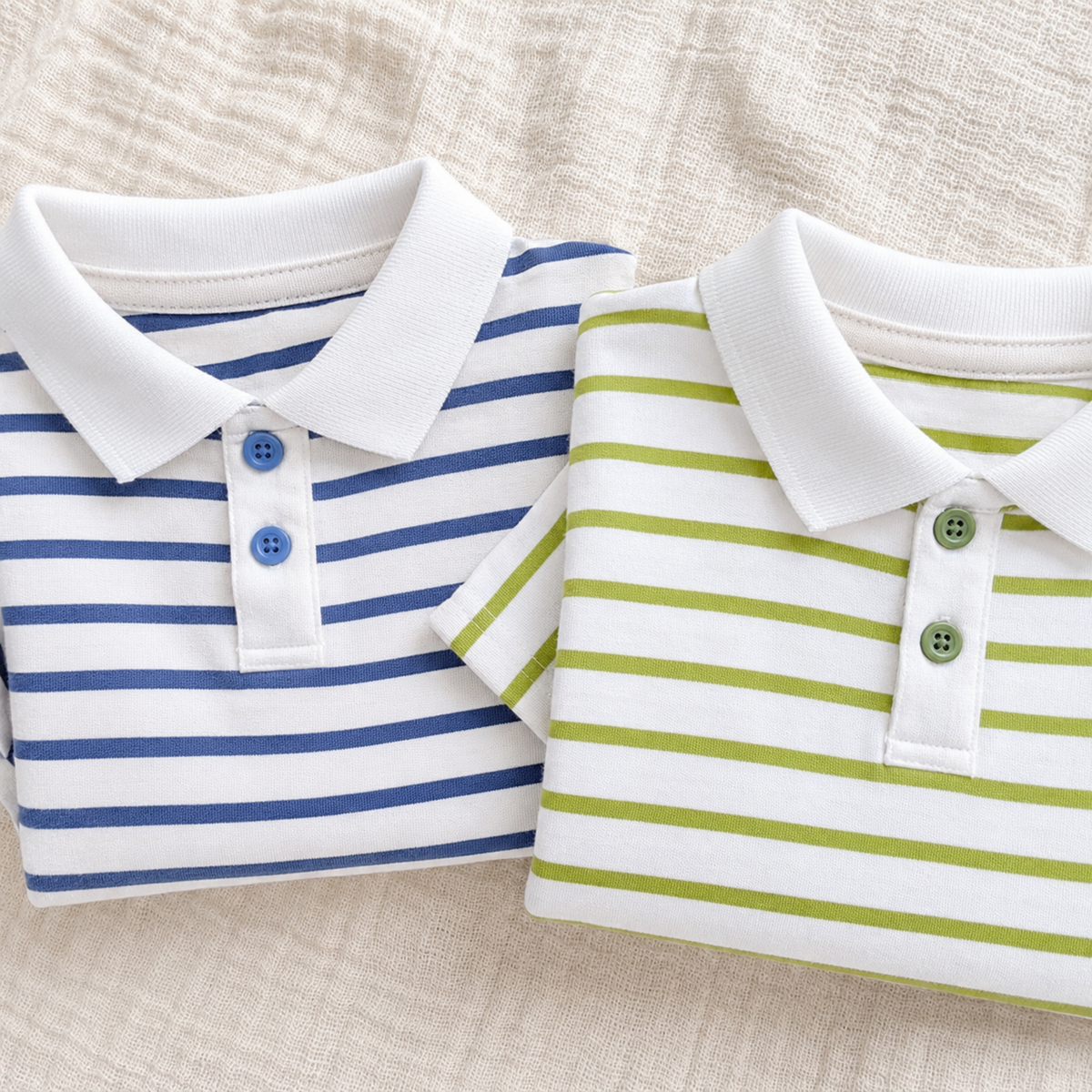 Close-up of navy and yellow-green striped polo shirts