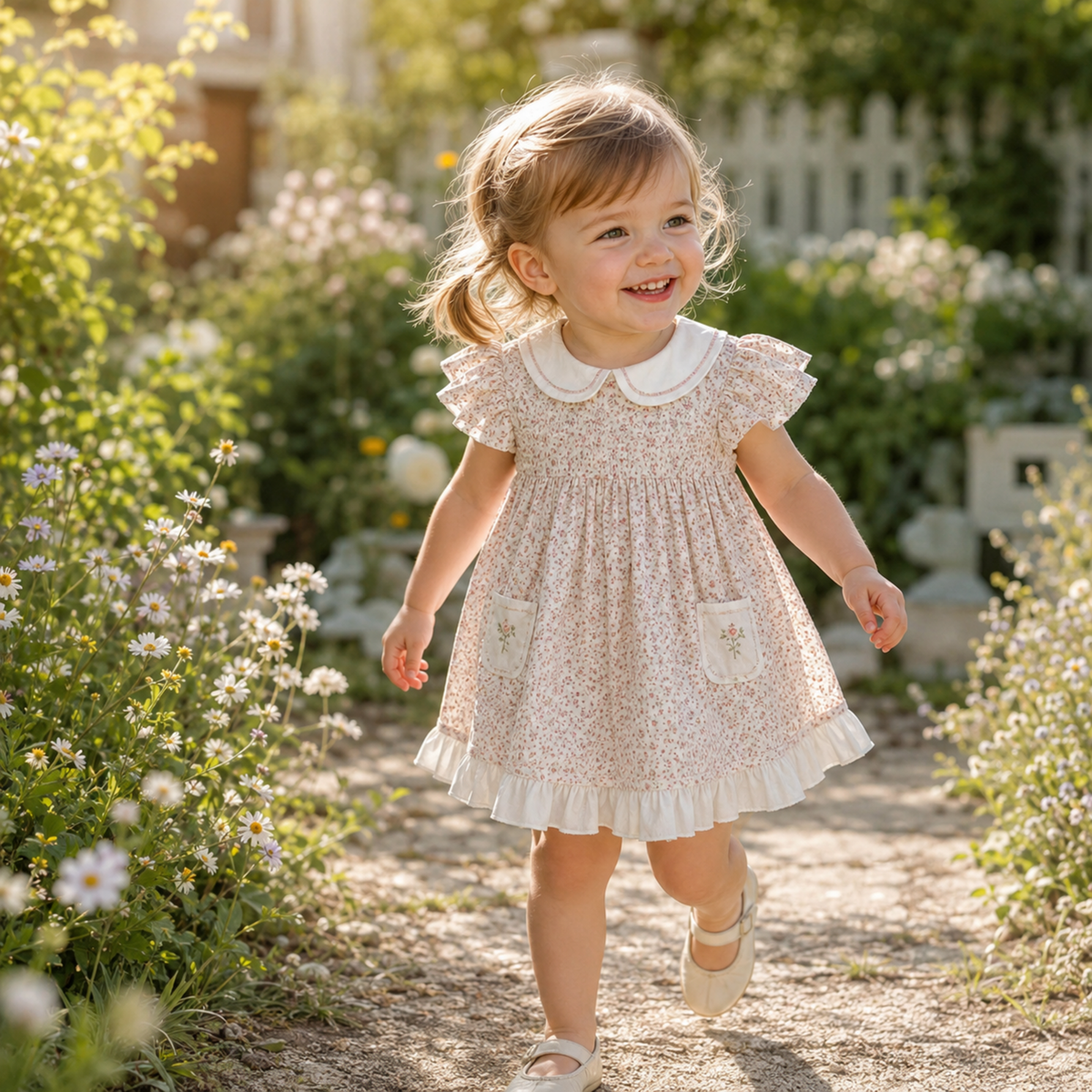 Toddler girl wearing blush floral Peter Pan collar dress