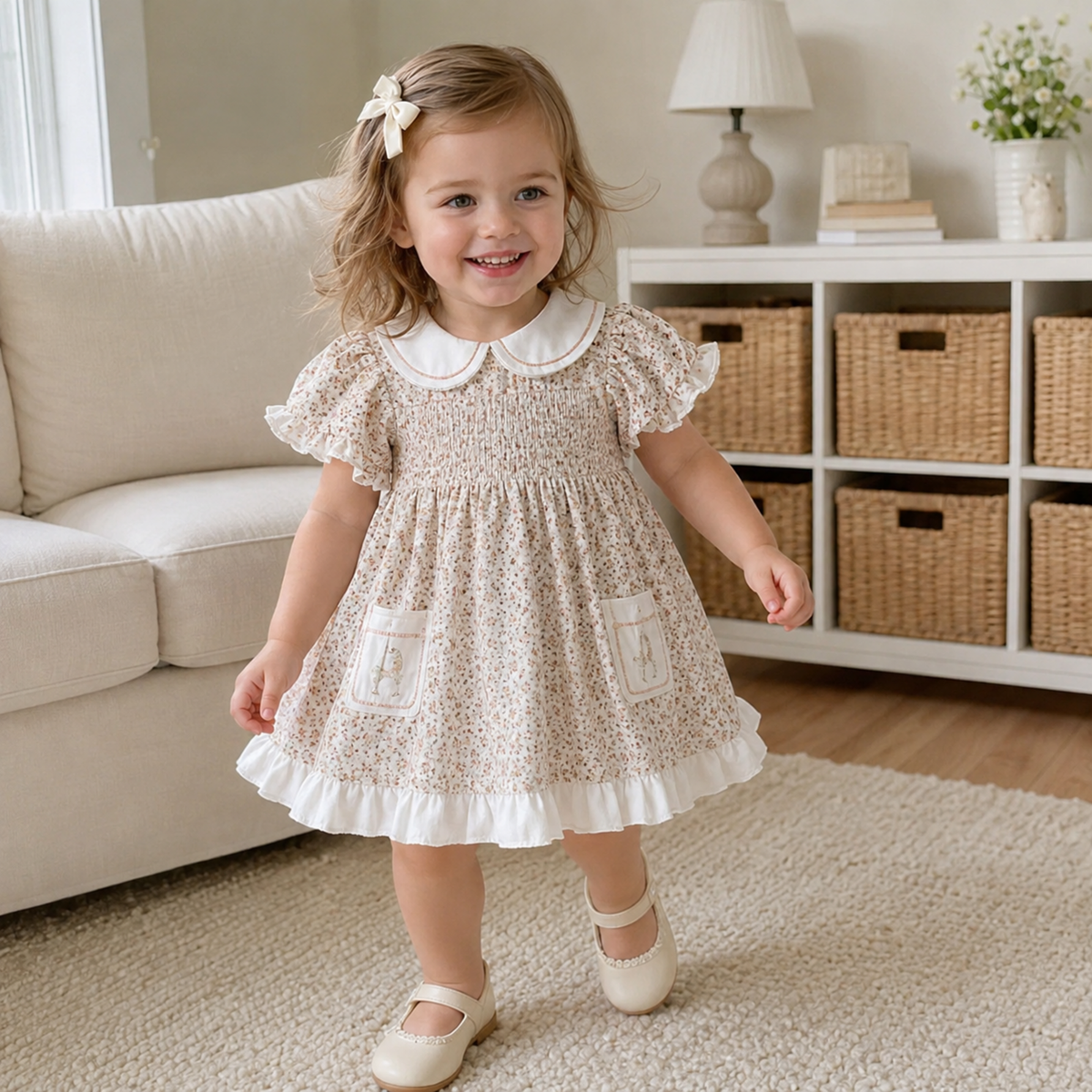 Toddler girl wearing coffee floral Peter Pan collar dress