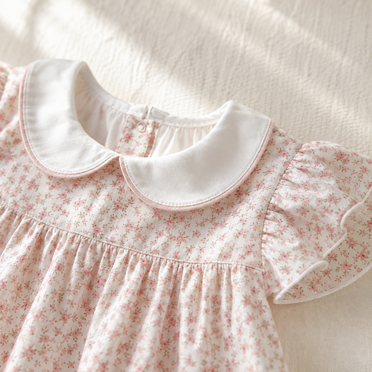 Close-up of white Peter Pan collar and flutter sleeve