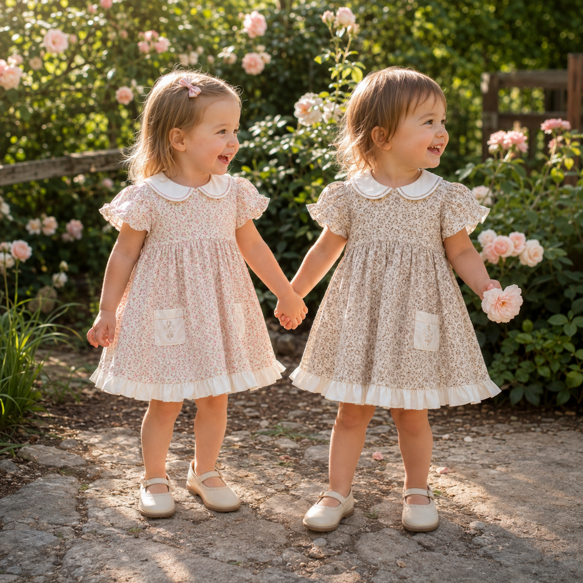 Two toddler girls wearing both floral dress colorways