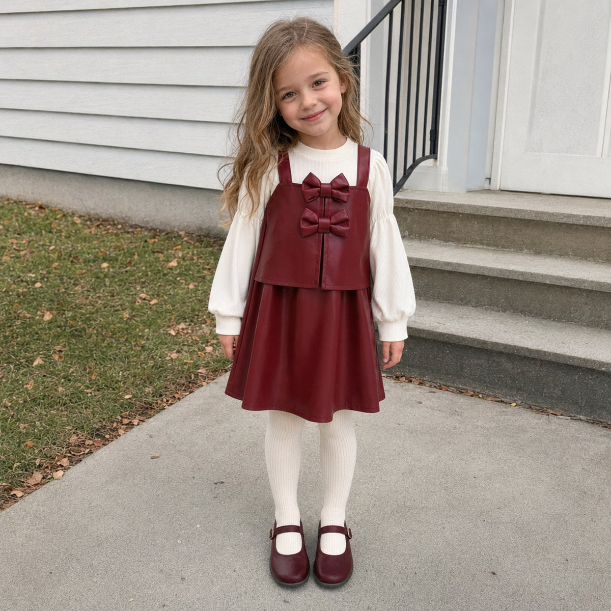 Girls burgundy faux leather pinafore bow dress styled with cream tights