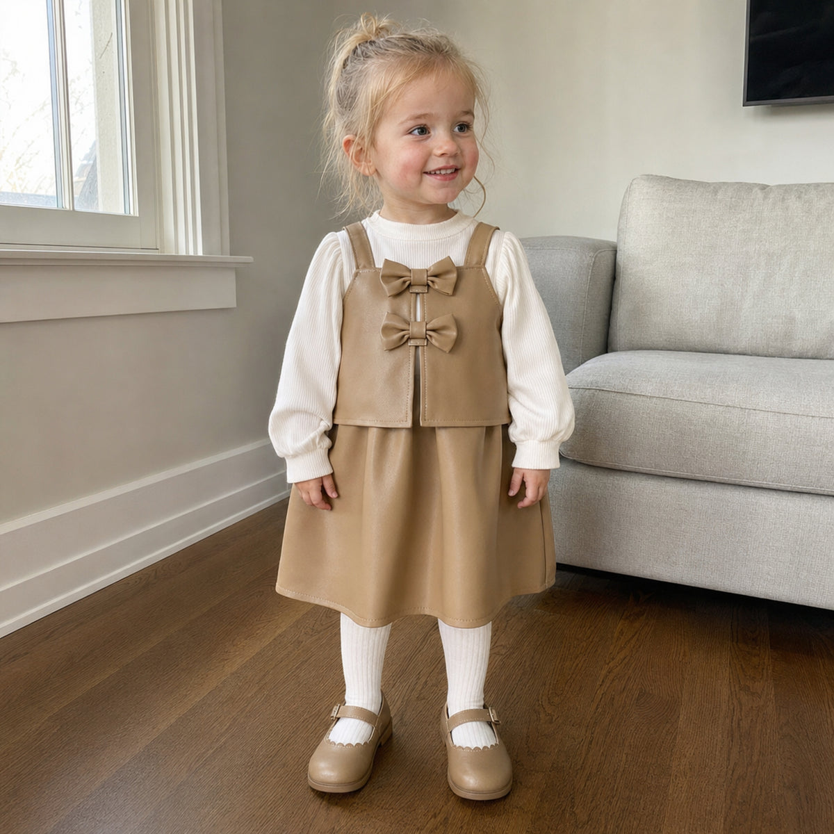 Toddler girl wearing camel tan faux leather pinafore bow dress indoors