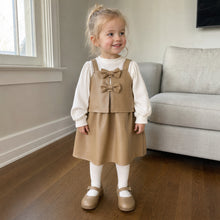 Girls Faux Leather Pinafore Dress with Bows, Long Sleeve Toddler Outfit