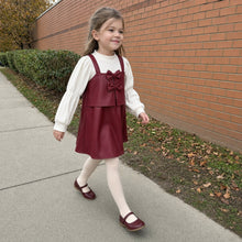Girls Faux Leather Pinafore Dress with Bows, Long Sleeve Toddler Outfit