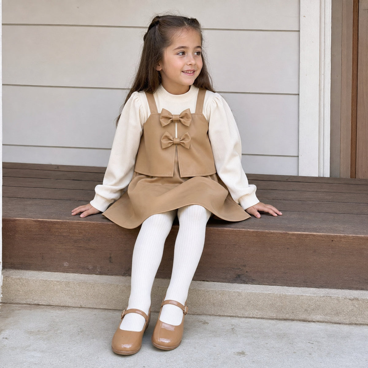 Older girl wearing camel tan pinafore style dress with cream tights
