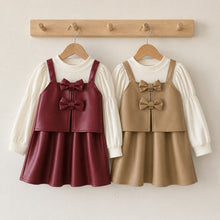 Girls Faux Leather Pinafore Dress with Bows, Long Sleeve Toddler Outfit
