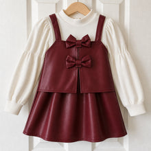 Girls Faux Leather Pinafore Dress with Bows, Long Sleeve Toddler Outfit