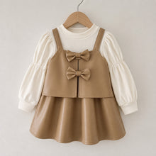 Girls Faux Leather Pinafore Dress with Bows, Long Sleeve Toddler Outfit