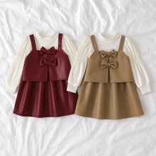 Girls Faux Leather Pinafore Dress with Bows, Long Sleeve Toddler Outfit