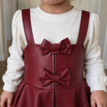 Girls Faux Leather Pinafore Dress with Bows, Long Sleeve Toddler Outfit