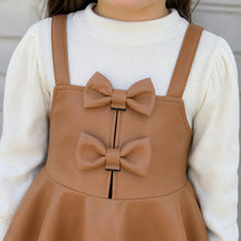 Girls Faux Leather Pinafore Dress with Bows, Long Sleeve Toddler Outfit
