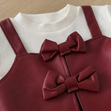 Girls Faux Leather Pinafore Dress with Bows, Long Sleeve Toddler Outfit