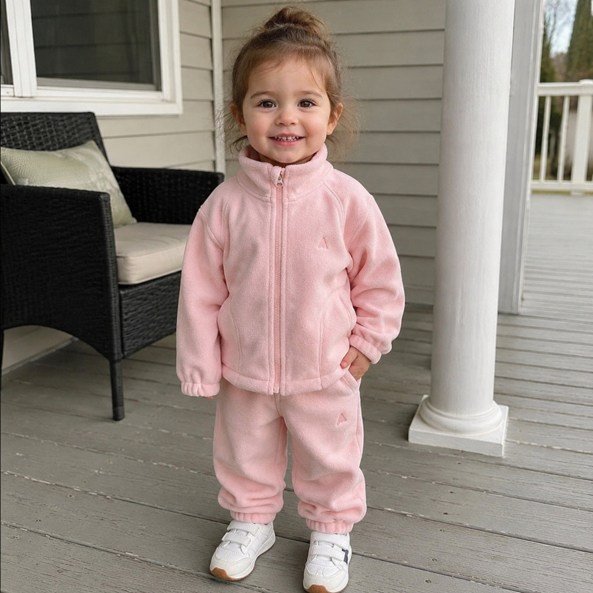 Child wearing light pink fleece zip jacket and matching joggers on a porch