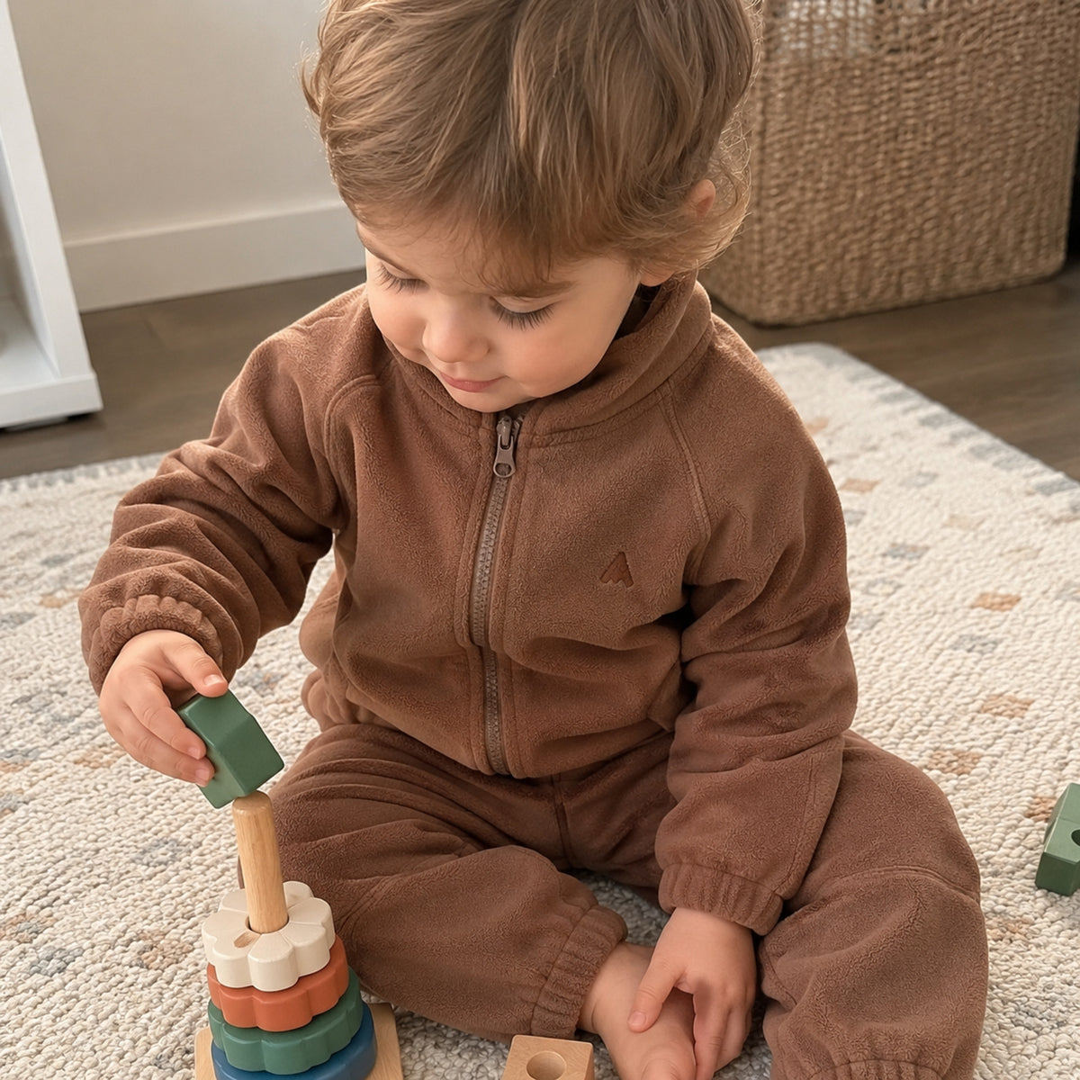 Child playing indoors in coffee brown fleece zip jacket and joggers