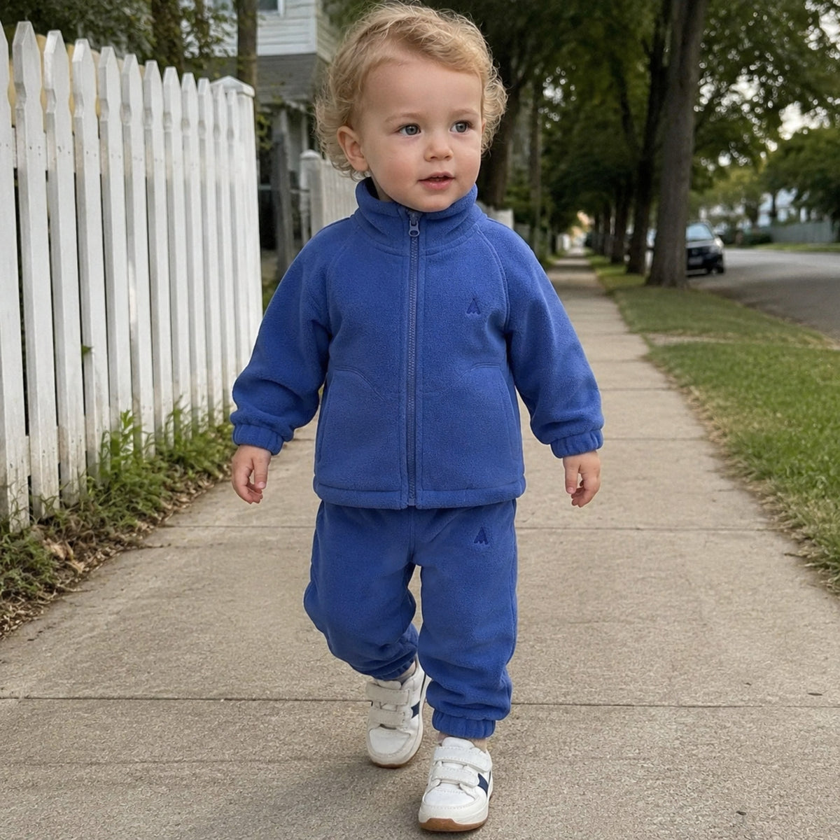 Child walking outside in blue fleece zip jacket and matching joggers