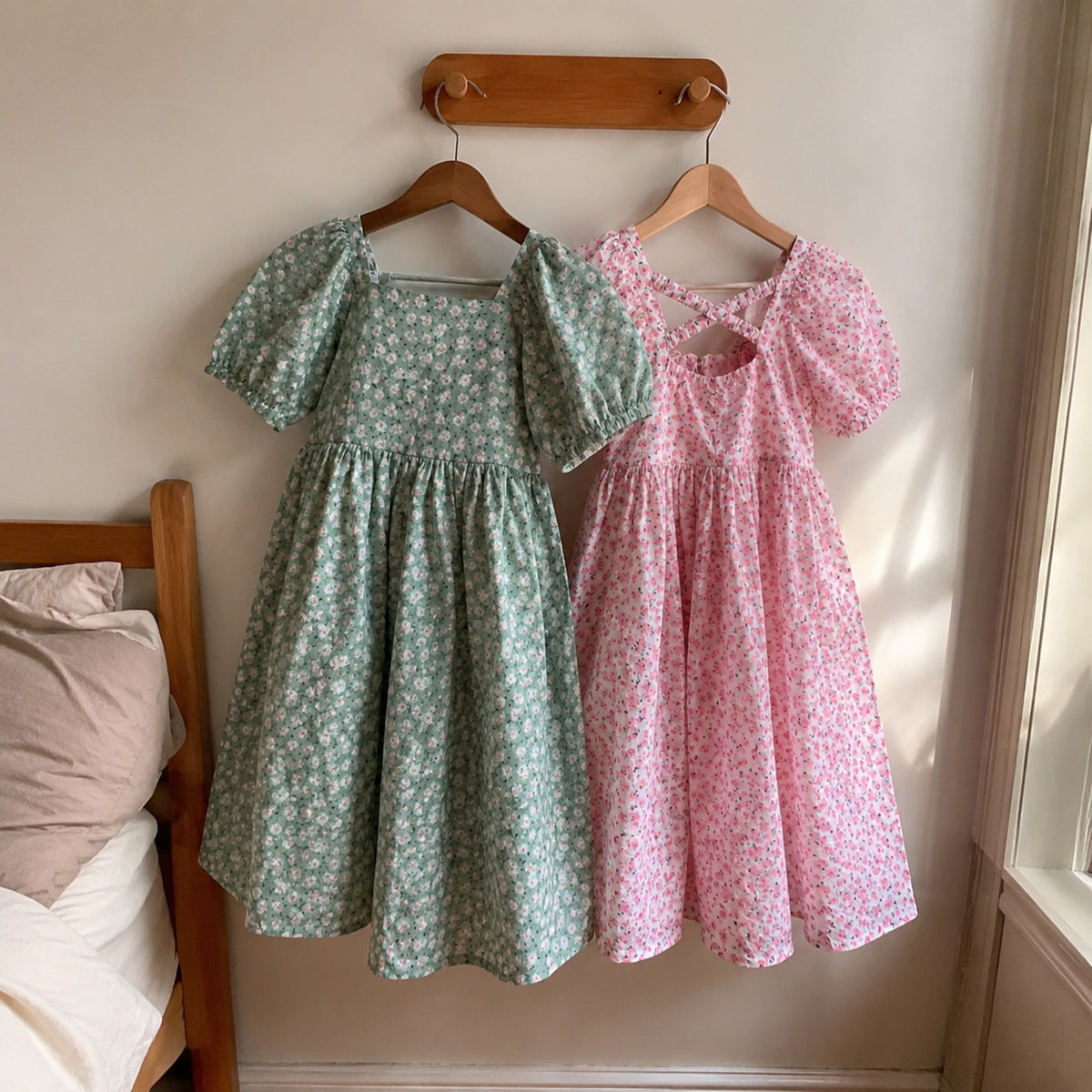 Pink and sage green floral puff sleeve girls dresses hanging naturally in a sunlit bedroom