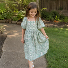 Girls Floral Puff Sleeve Dress with Crisscross Back, Pink or Sage Green