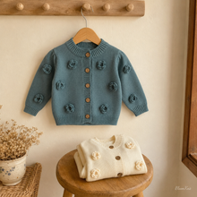 Baby Girl Floral Knit Cardigan with 3D Crochet Flowers – Cotton Sweater