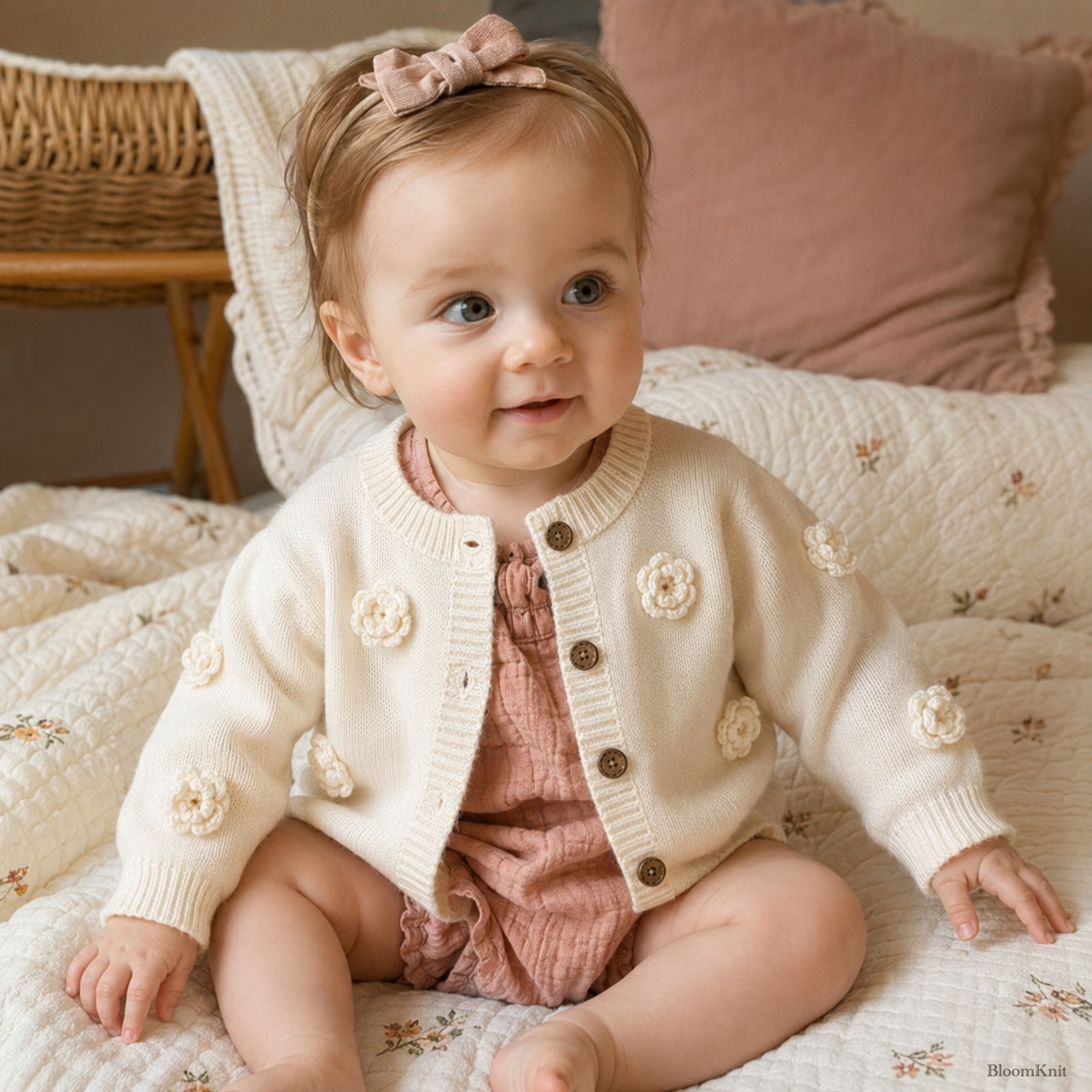 Baby wearing warm ivory flower cardigan